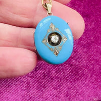 Victorian Blue Enamel Diamond Locket Necklace on 14k Gold Chain | hipV