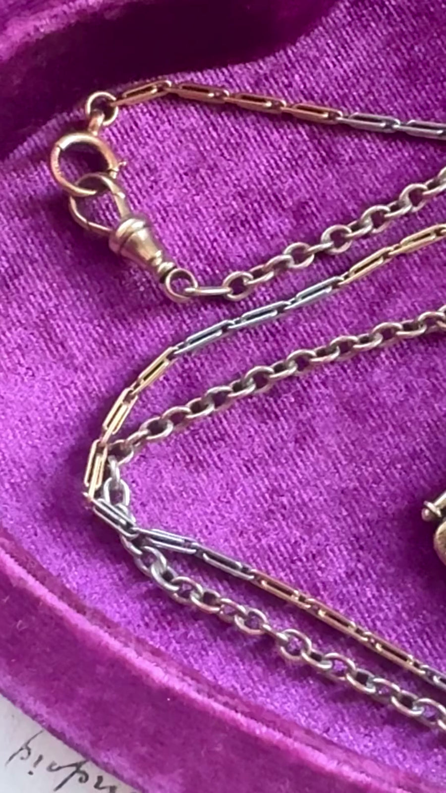 Detail of mixed 14k round links and 18k elongated links on chain.