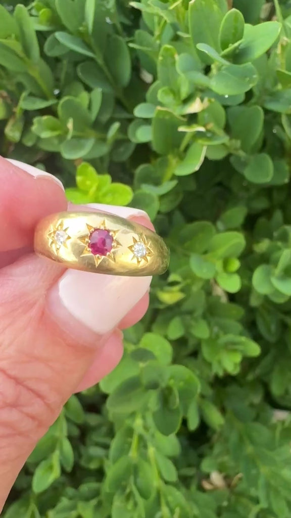 Victorian 18K gold ruby and diamond three stone ring with British hallmarks from Birmingham England.