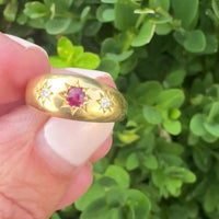 Victorian 18K gold ruby and diamond three stone ring with British hallmarks from Birmingham England.