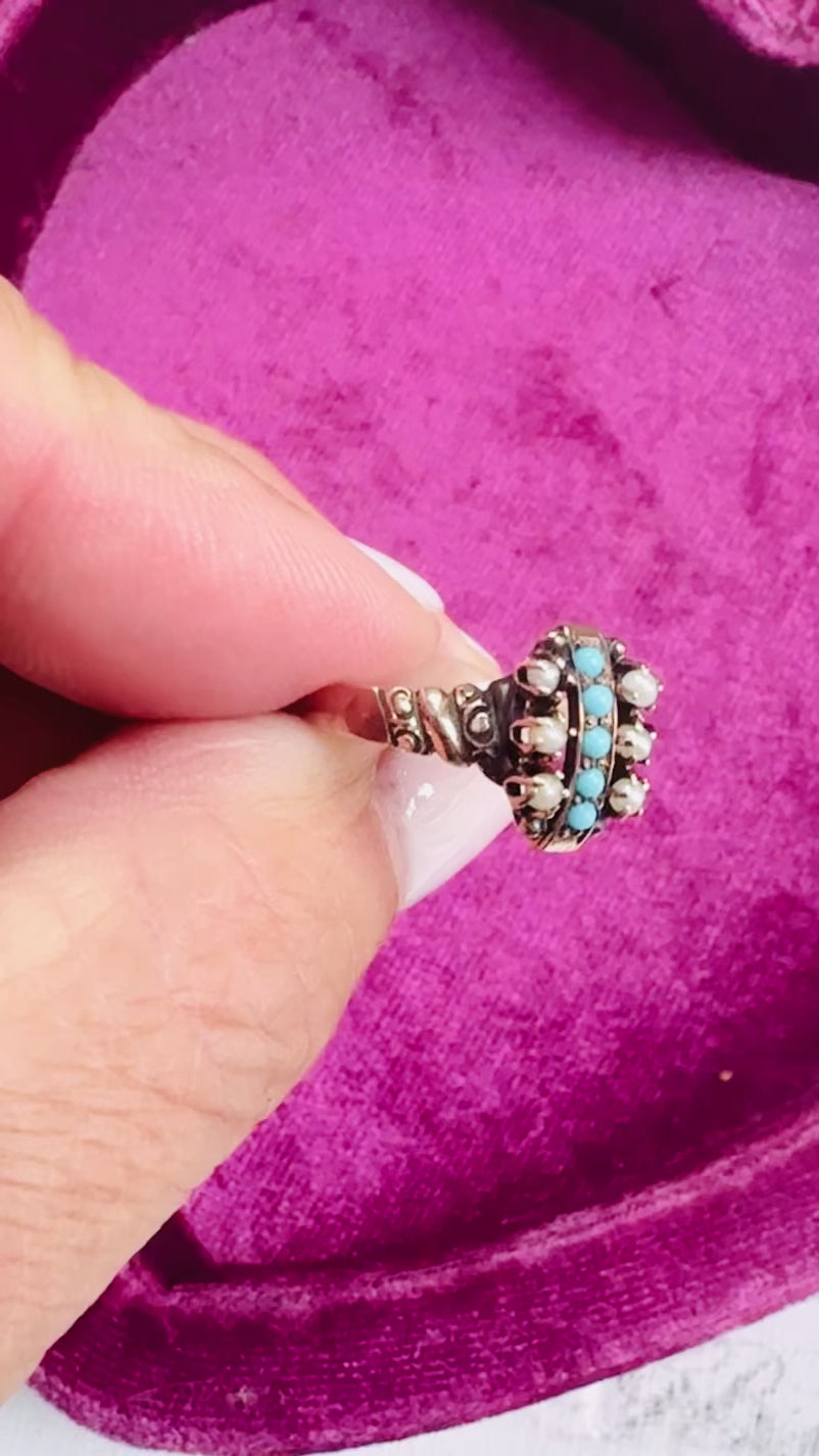 Antique 10k Seed Pearl & Turquoise Ring — Size 7