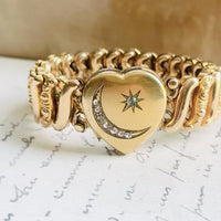 Video of a vintage Carmen gold-filled sweetheart bracelet showing the crescent moon and star locket and flexible expansion band