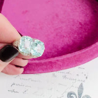 Art Deco Double Aquamarine Ring | 14k White Gold Filigree Setting