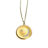 Victorian W&H Co. gold filled crescent moon and star locket necklace with paste stones on a gold filled chain