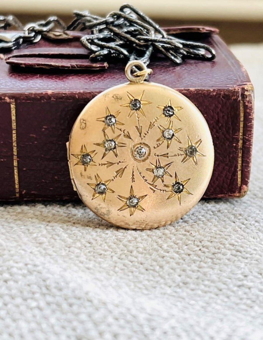 Bespoke vintage locket, SKM Co gold-filled star necklace ions to hold two photos, handmade item by hipV Modern Vintage Jewelry.