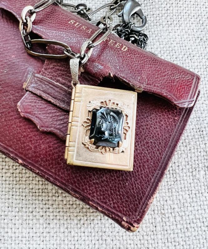 Vintage Black Cameo Intaglio Book Locket Necklace