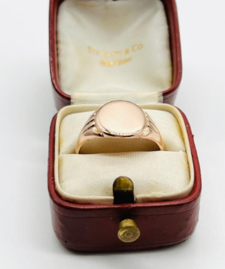 Vintage 9k Rose Gold Signet Ring with oval monogram shape ready for gifting by hipV Modern Vintage Jewelry.