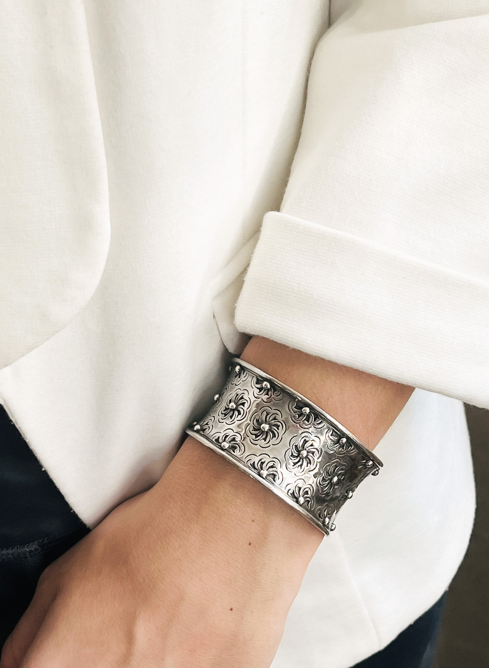 Sterling Cuff Bracelet with etched floral design.
