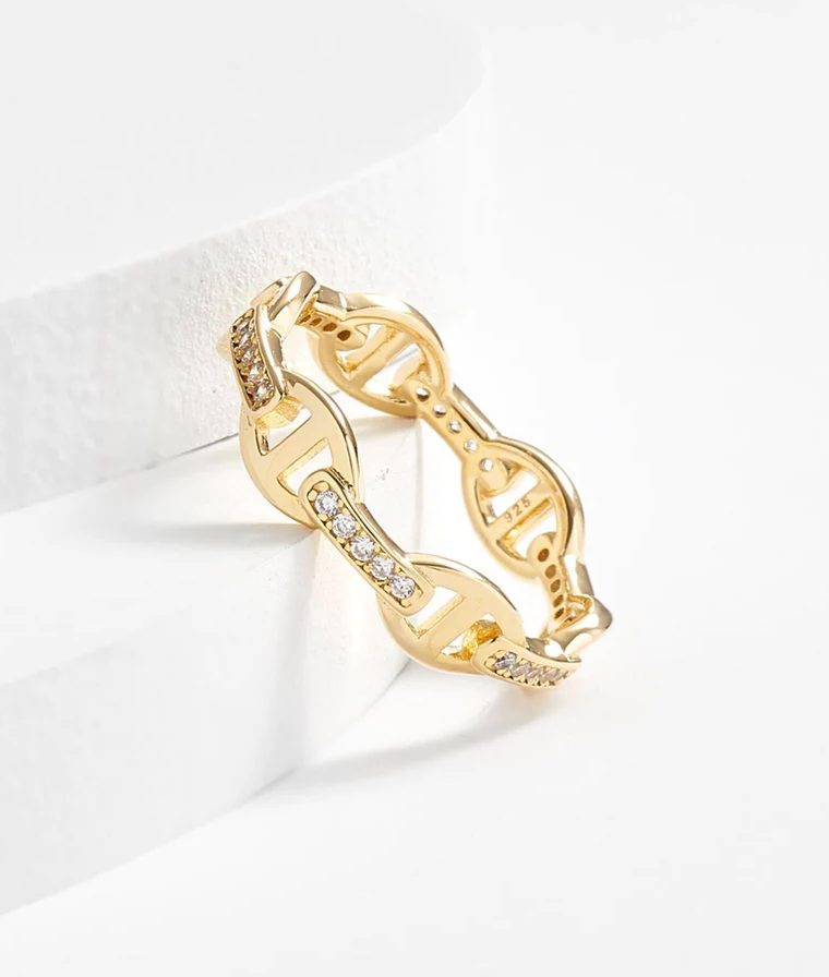 Gold plated sterling silver mariner link ring with pavé-set clear diamonettes