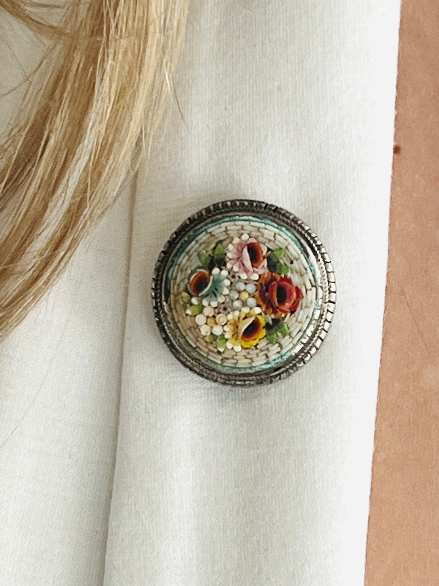 Antique Floral Pin With Micro Mosaic Jewelry.