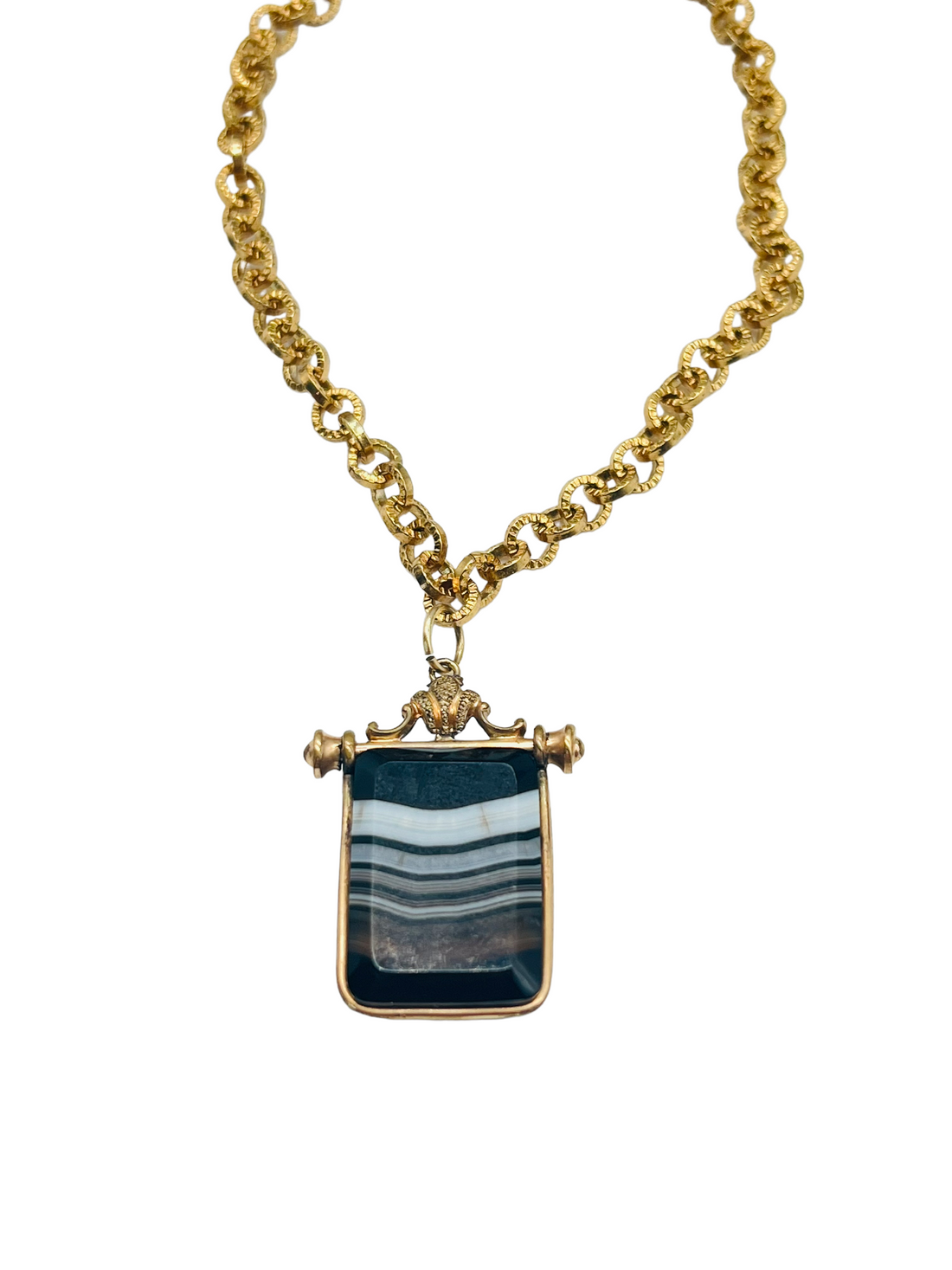 Victorian Banded Agate Necklace on Gold Chain.