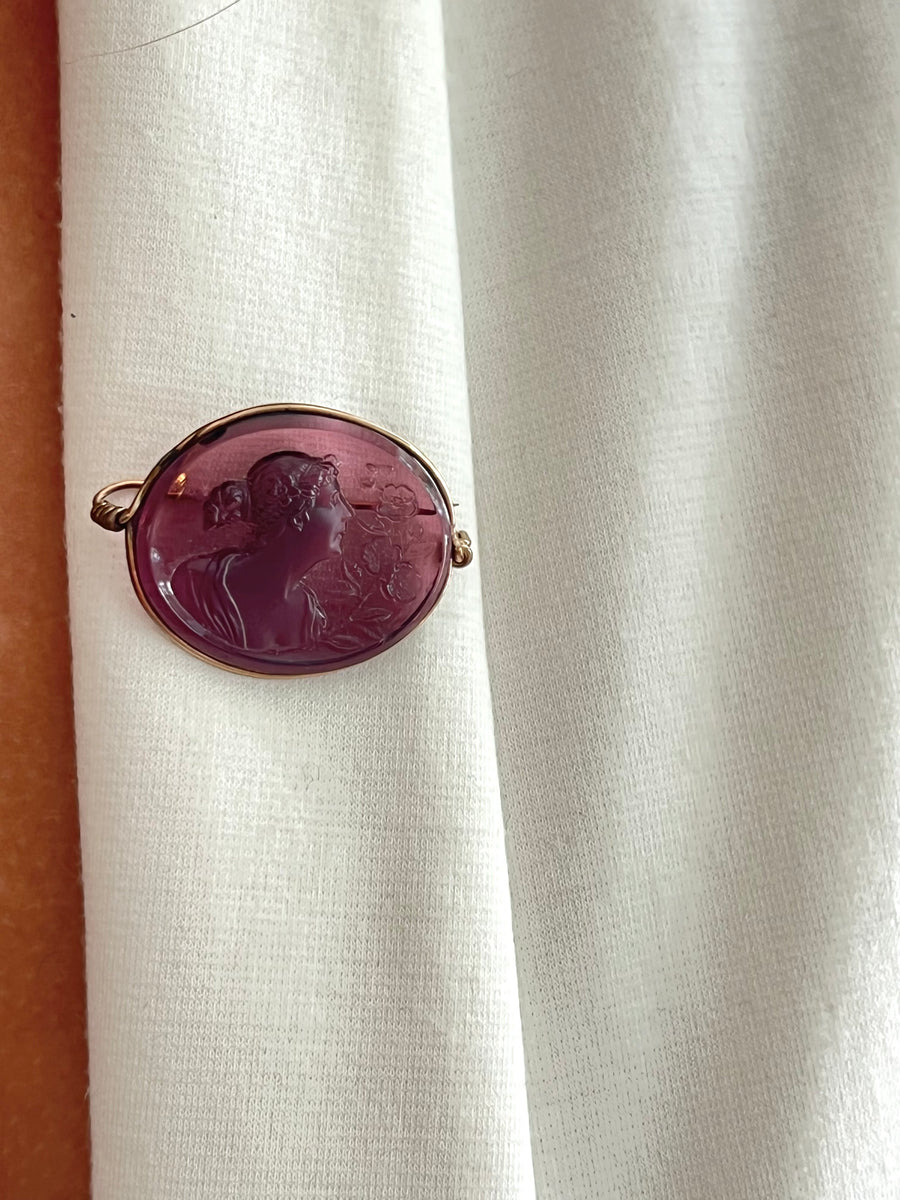 Antique Amethyst/Purple Glass Cameo C Clasp Brooch
