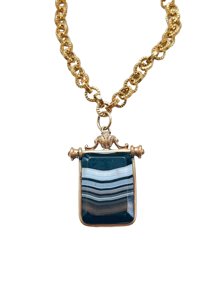Victorian Banded Agate Necklace in hues of brown, blue, black and white