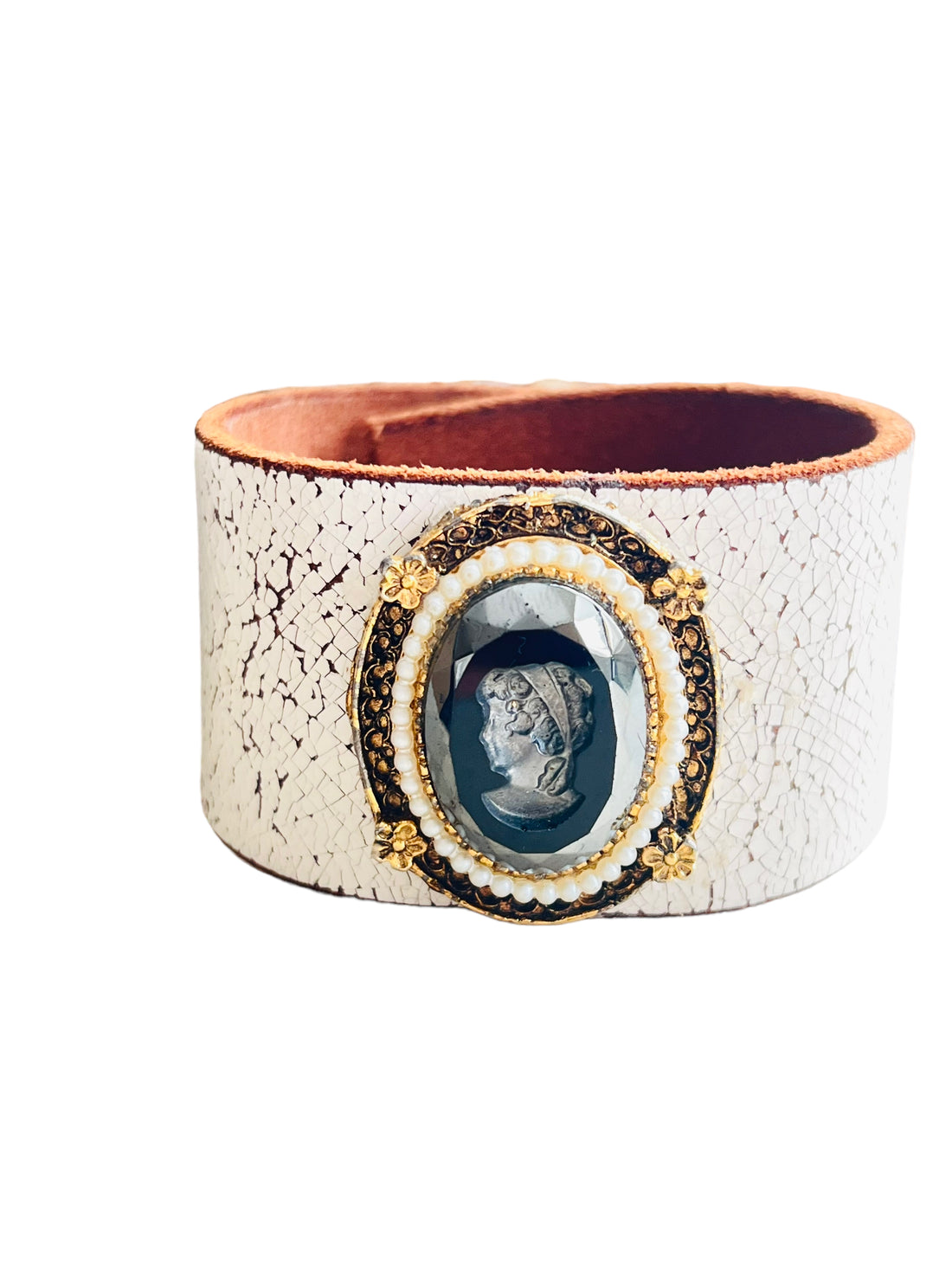 White Leather Cuff Bracelet featuring a vintage side profile cameo image of a women surrounded with flowers and pearls
