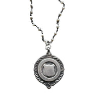 Sterling Silver Watch Fob Pendant attached to seed pearl rosary chain.