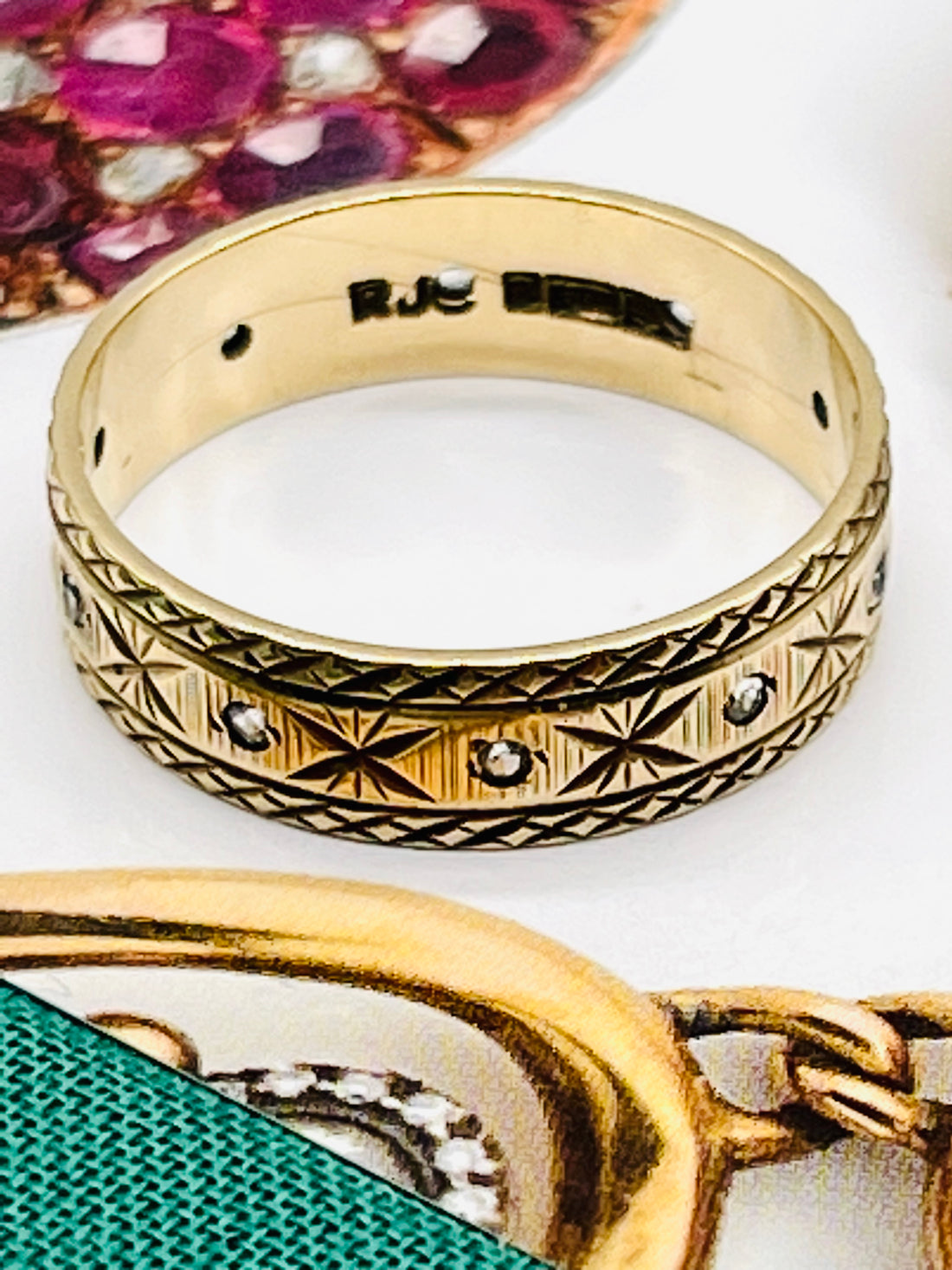 Vintage Etched Gold Band with Diamonds  by hipV Modern Vintage Jewelry.