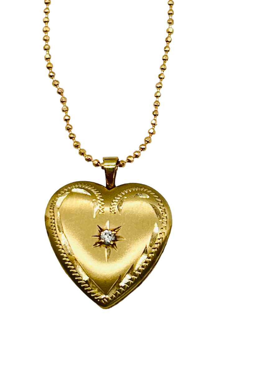 Vintage Gold Heart Photo Locket with starburst diamonette center