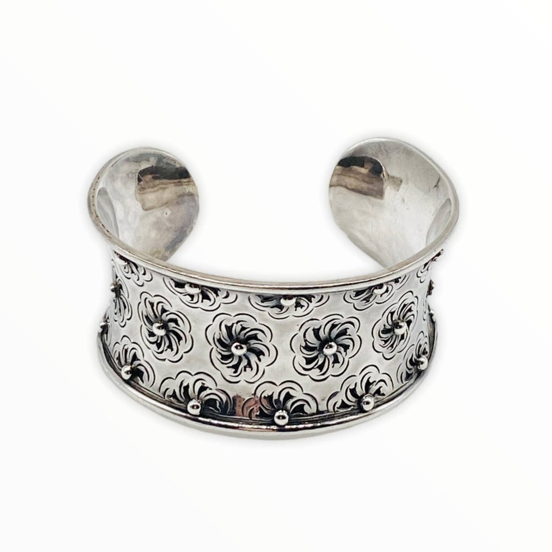Sterling Silver Cuff Bracelet with floral design by hipV Modern Vintage Jewelry.